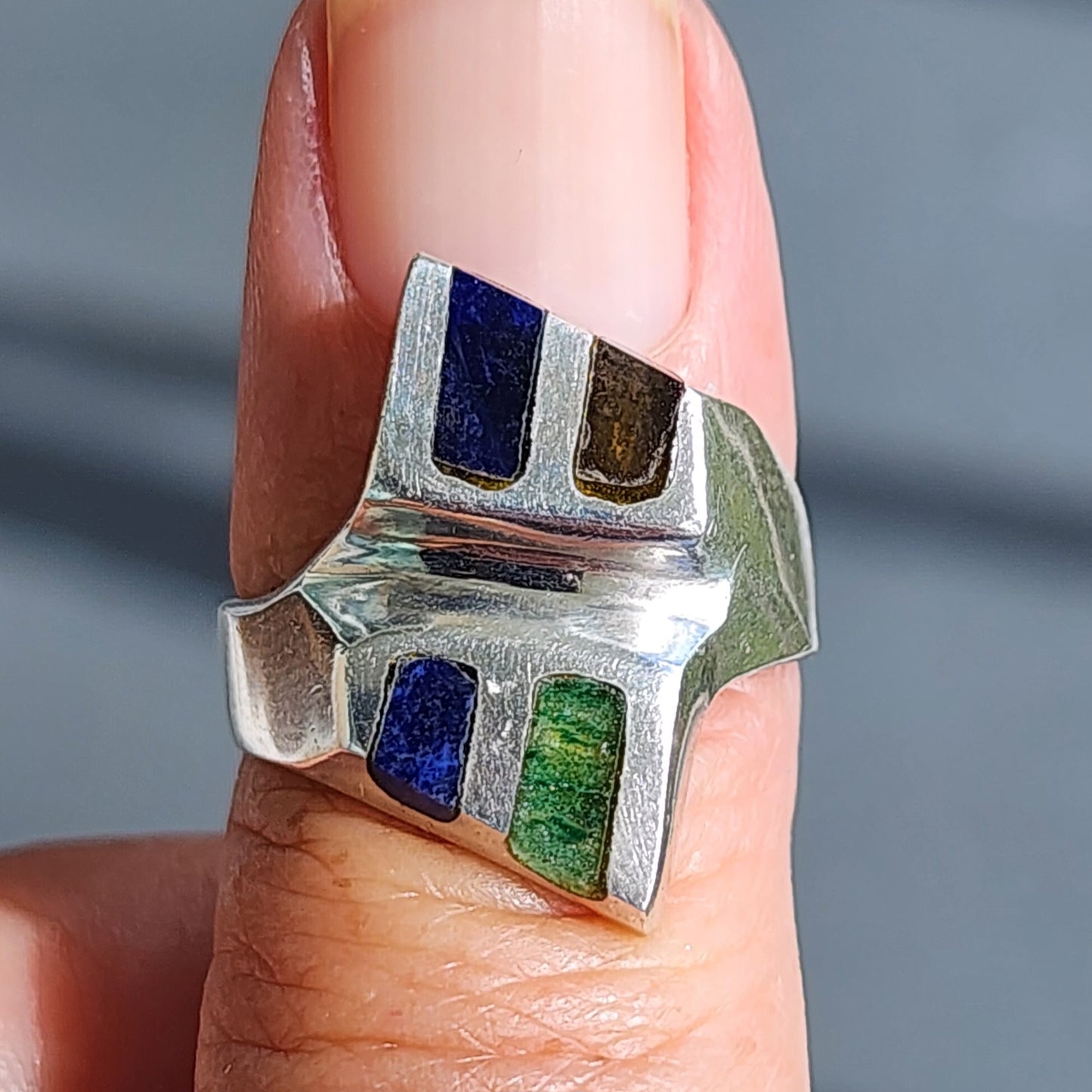 Mexico Sterling silver inlay onyx lapis malachite ring size 8 5