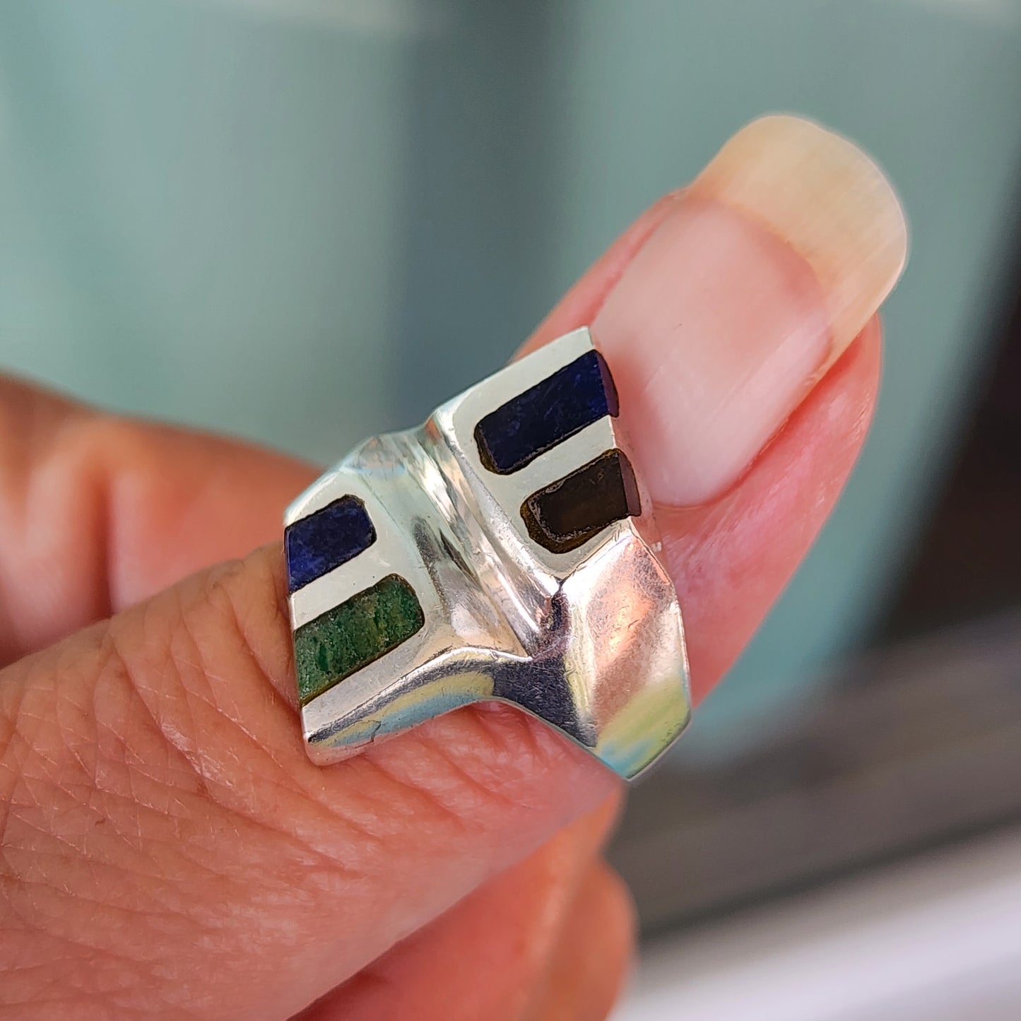 Mexico Sterling silver inlay onyx lapis malachite ring size 8 5