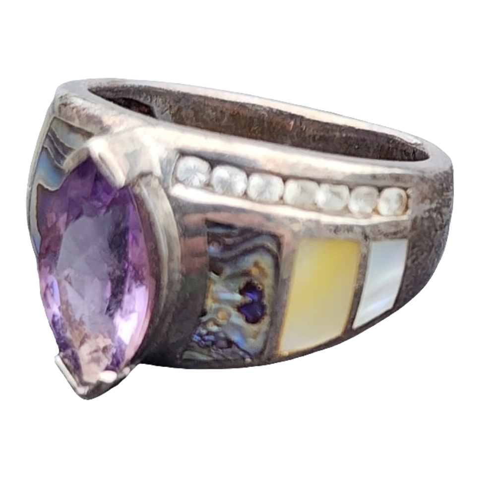 Witney Kelly Sterling Silver ring size 10 Mother of pearl abalone CZ Amethyst