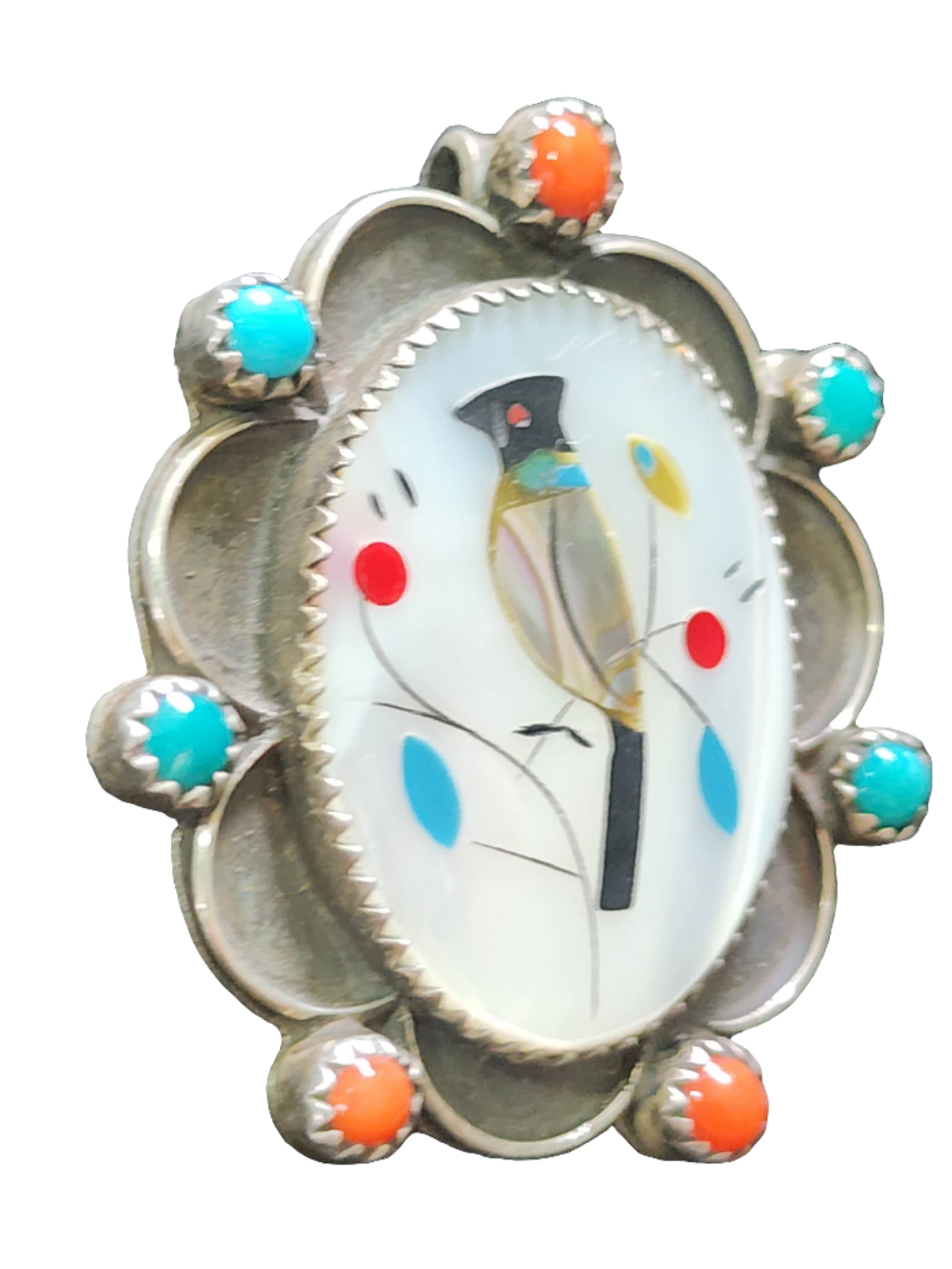 Native American Sterling Silver Zuni inlaid inlay bird pendant brooch pin