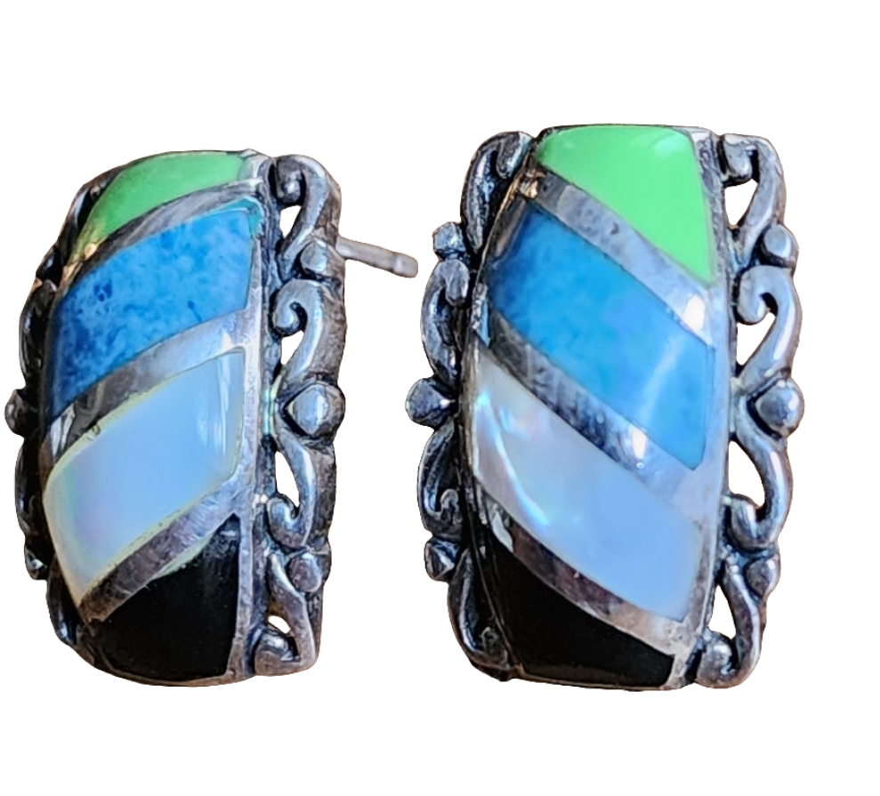 Sterling silver multi gemstone inlay post earrings southwestern jewelry