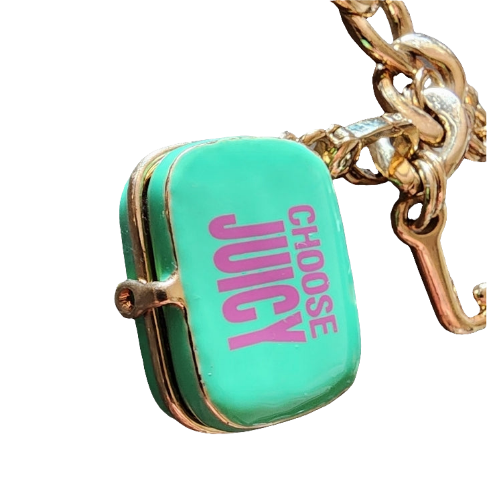Juicy Couture gold tone charm bracelet green locket purse charm w rhines…