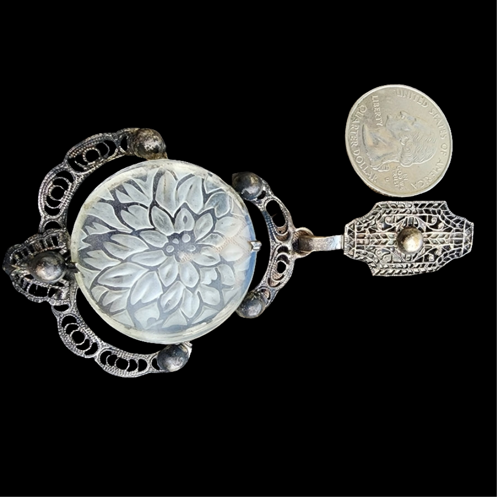 Lalique type antique reverse carved flower floral scarf clip filigree art deco