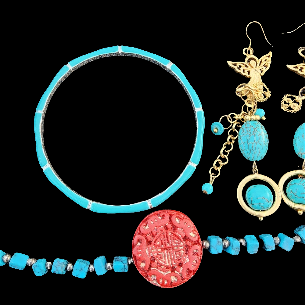 Bundle lot Turquoise Blue colors mixed media bracelets Necklaces Angel earrings
