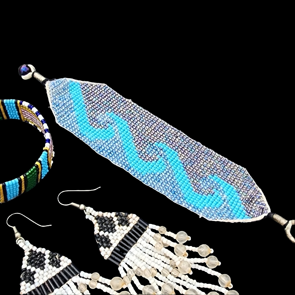 A lot of handmade beadwork jewelry one pair of earrings 2 bracelets