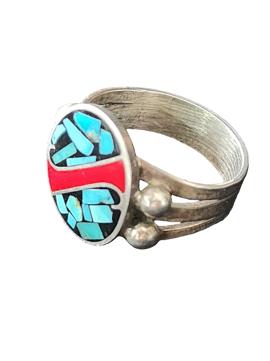 Sterling Silver Native American Coral & Turquoise Ring size 12.5