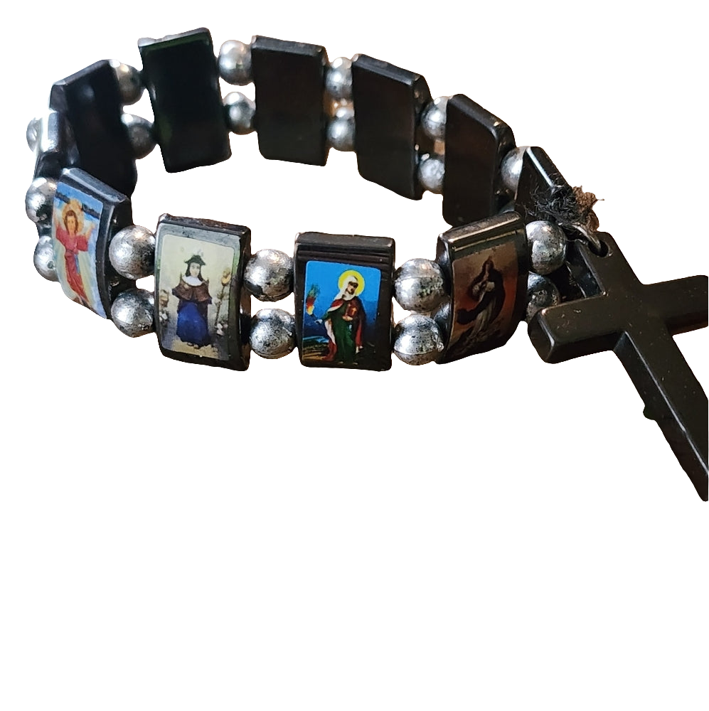 Religious picture hematite stretch bracelet mother Mary angle cross charm