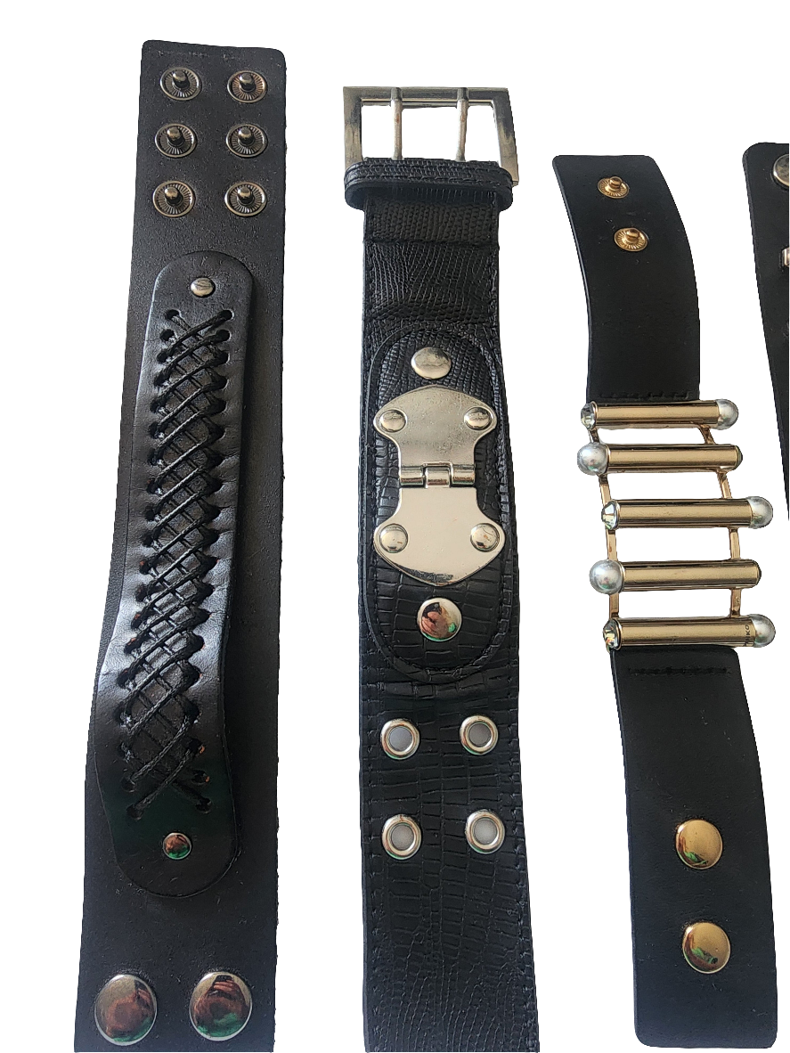Lot of 4 black leather type snap bracelets unisex