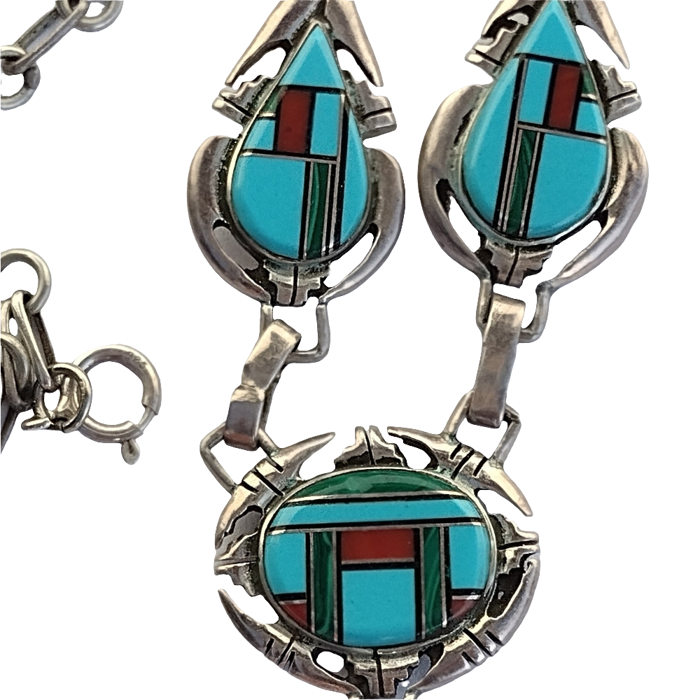 Sterling silver Native American inlay feather dangle necklace turquoise …