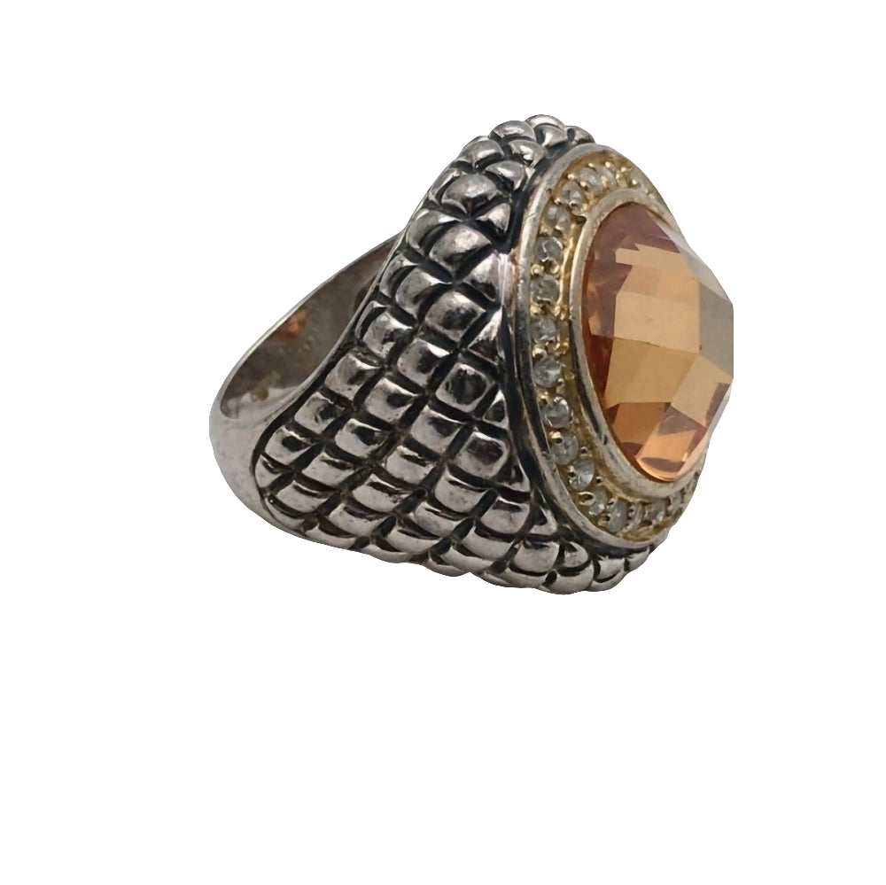 Sterling silver ring with Yellow Orange and diamonds Dome top size 6