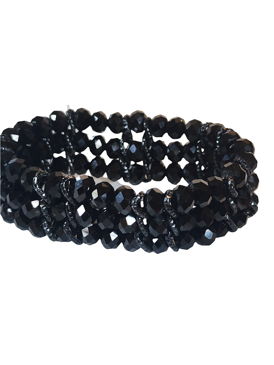 Jet black faceted glass bead bracelet and necklace set