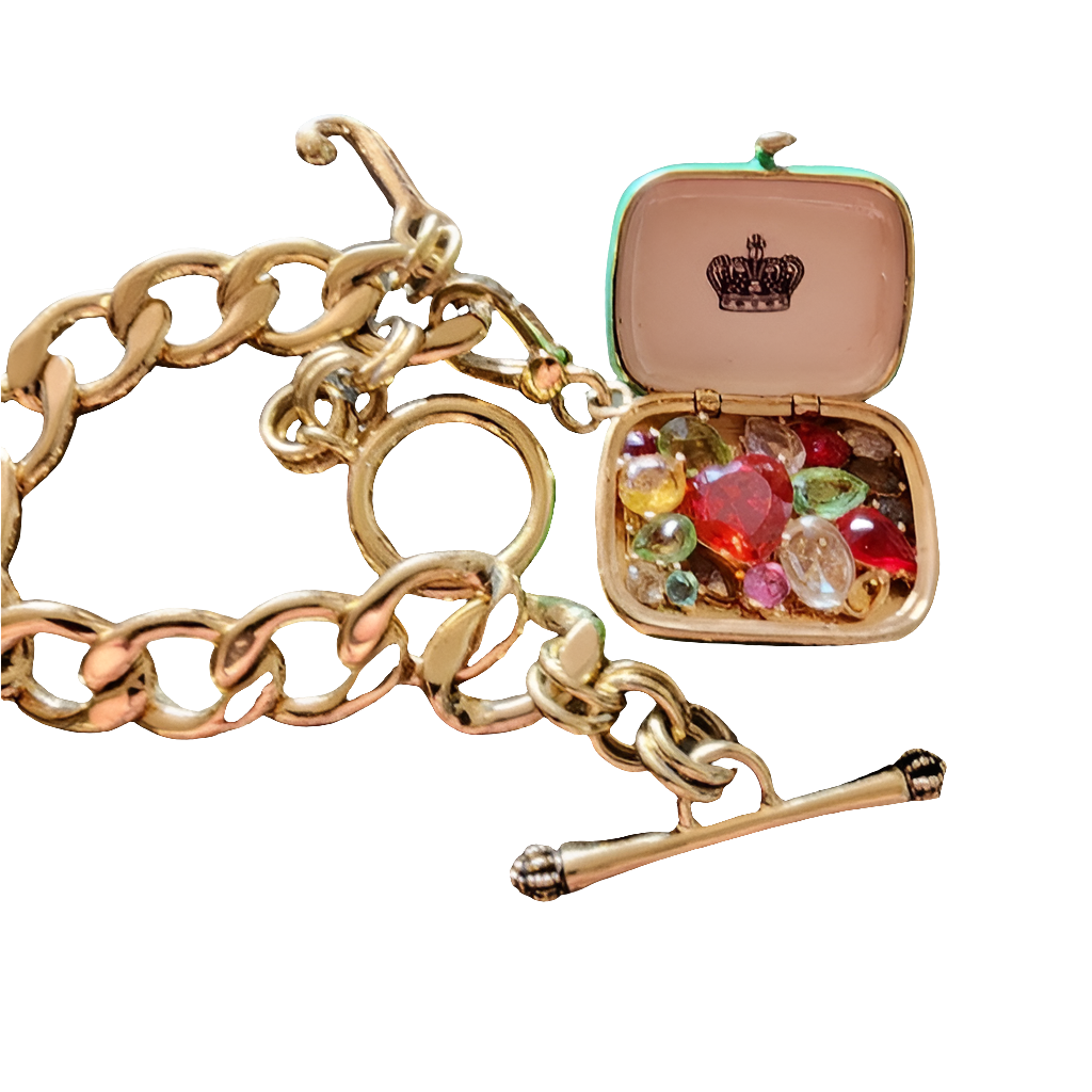 Juicy Couture gold tone charm bracelet green locket purse charm w rhines…