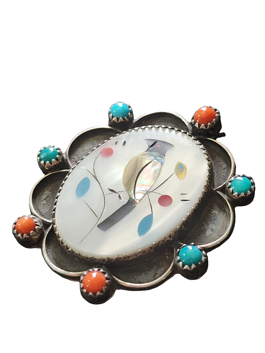Native American Sterling Silver Zuni inlaid inlay bird pendant brooch pin