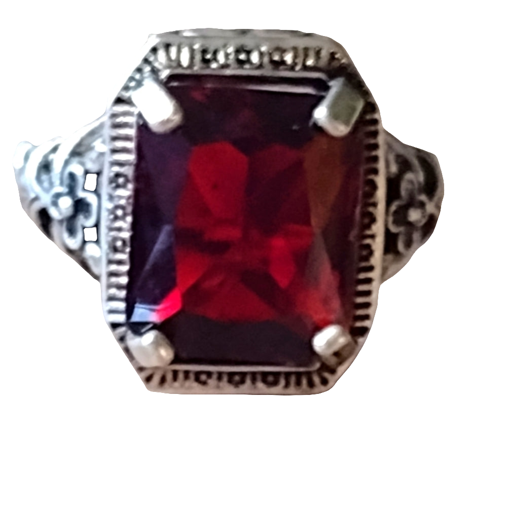 Sterling silver ornate ring with Red Ruby color stone size 5.5 Fine Jewelry