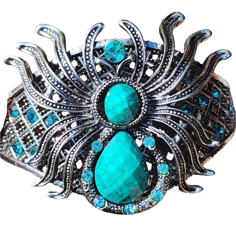 Rhinestone spider hinged bracelet costume fashion jewelry Halloween silver tone