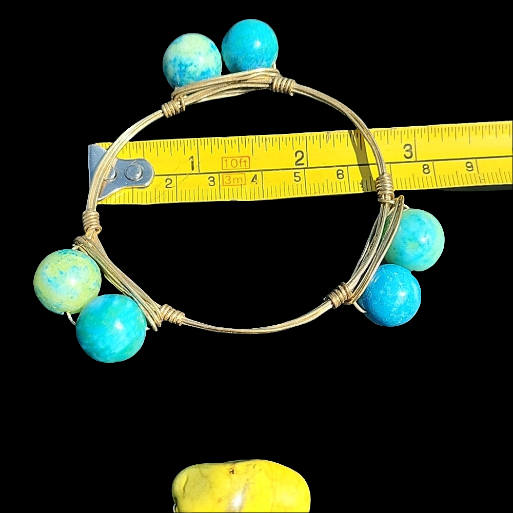 Yellow bronze & blue plastic gemstone wire bangle bracelet designer fashion