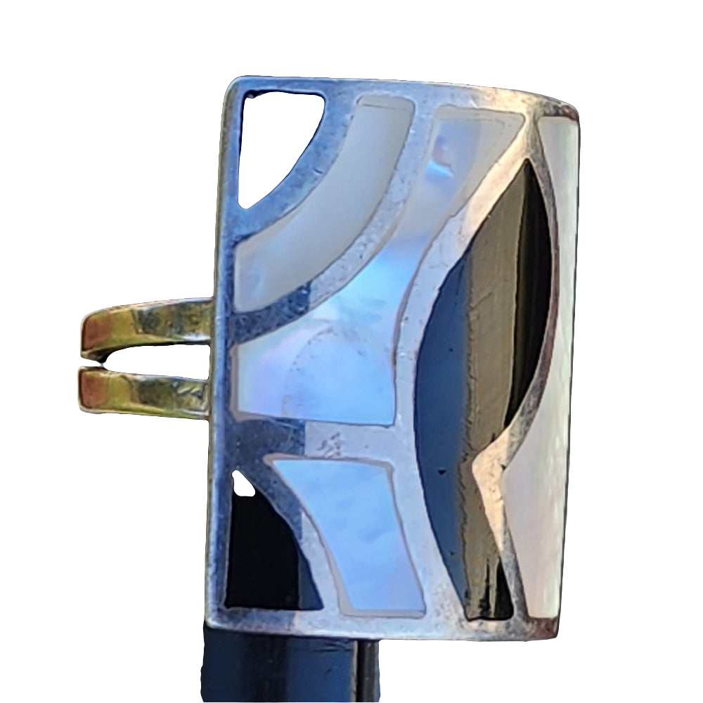 Sterling silver mother of pearl enamel inlay ring size 7 by Charles Winston