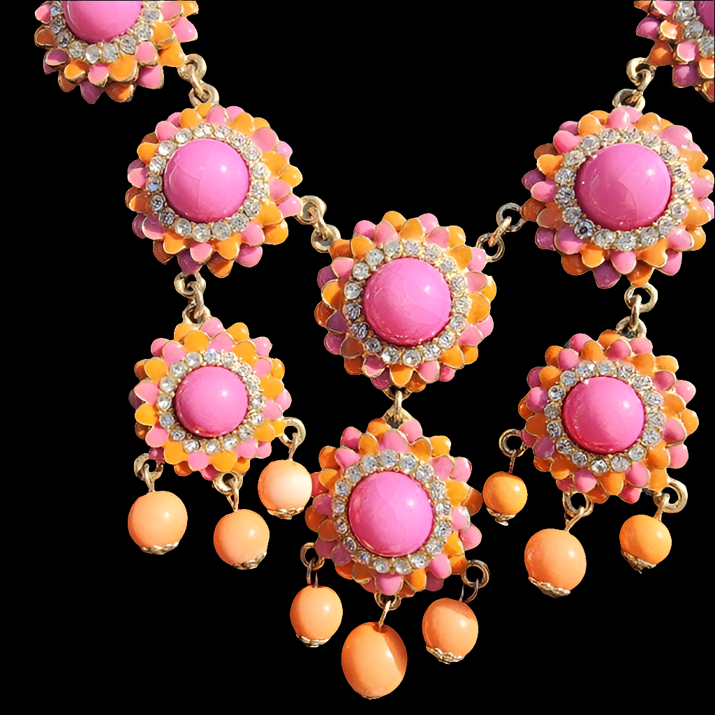 Fashion Costume Jewelry pink orange & rhinestone Necklace Gold tone Barbie core