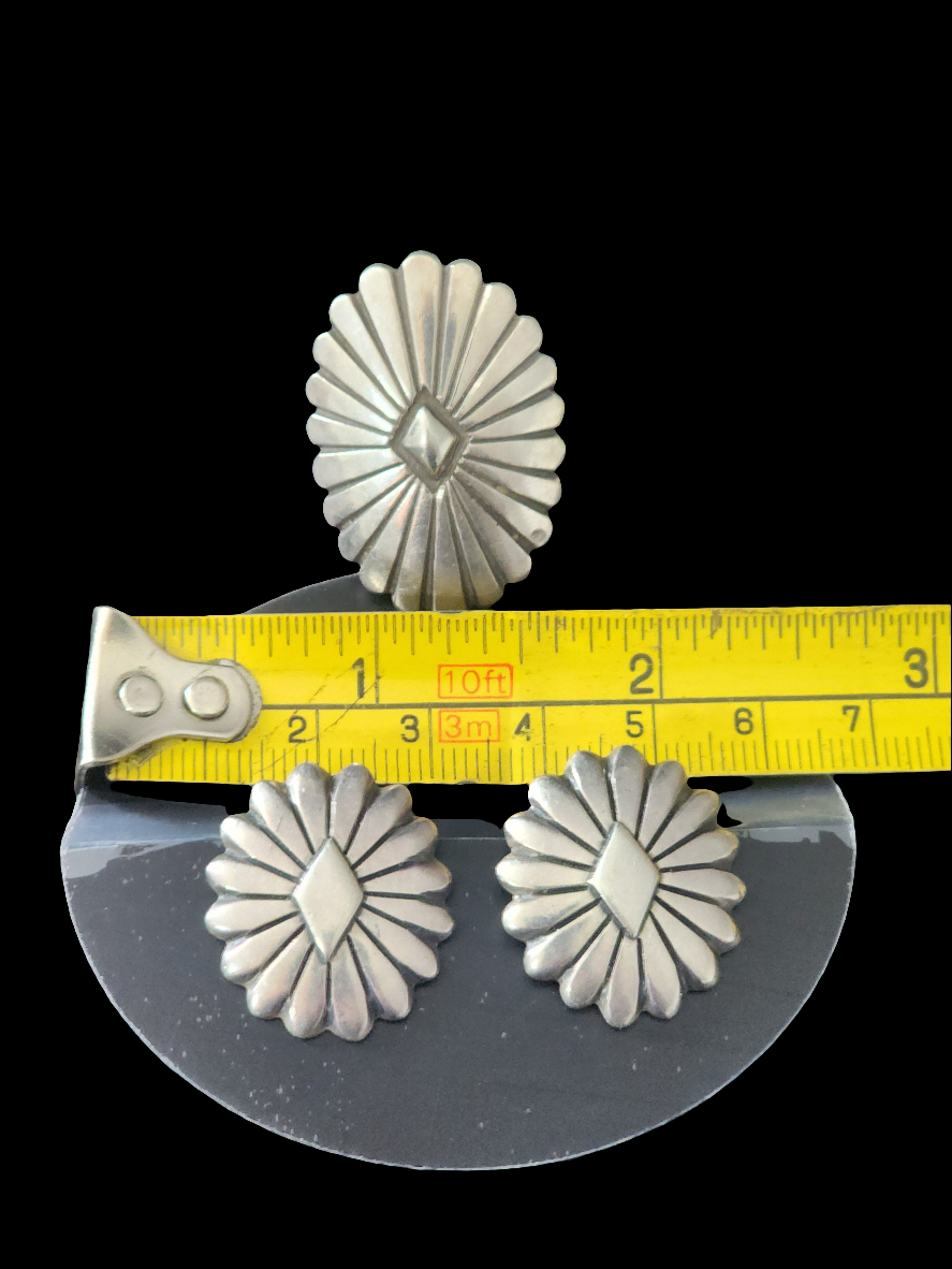 Navajo Native American sterling silver Concho ring size 7 & clip on earring set by Rocking Horse Ranch