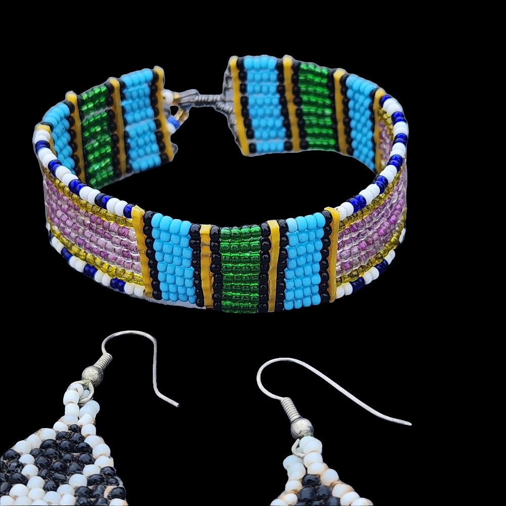 A lot of handmade beadwork jewelry one pair of earrings 2 bracelets