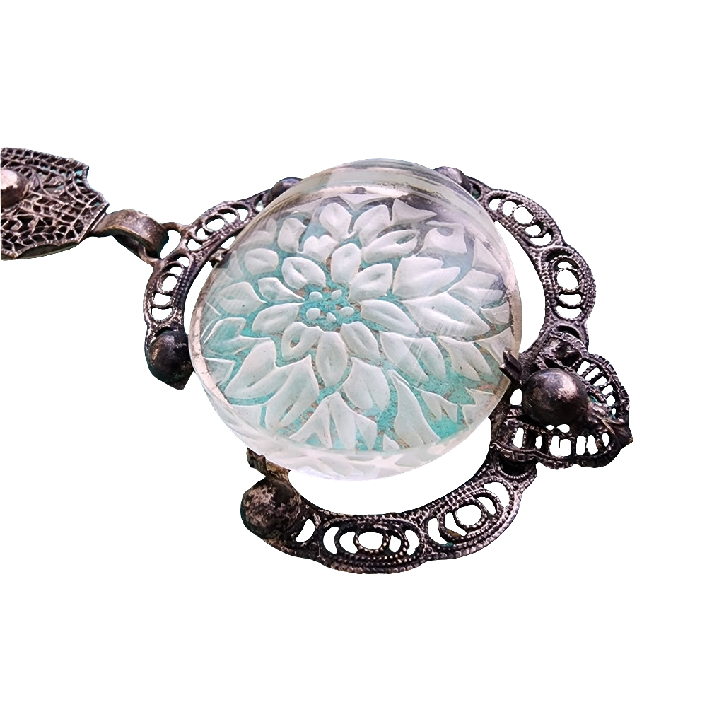Lalique type antique reverse carved flower floral scarf clip filigree art deco