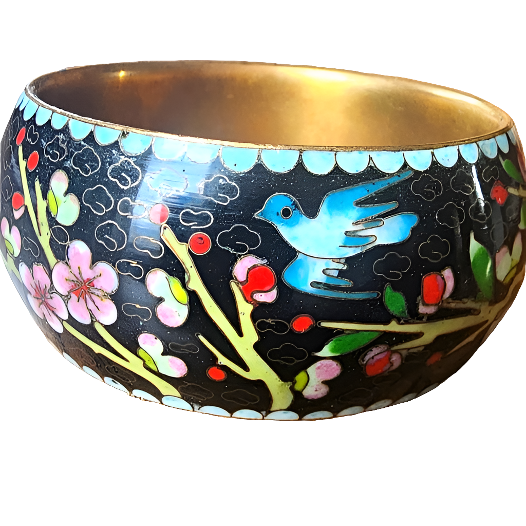 Cloisonne Vintage Bangle Bracelet Bird Butterfly Flowers pink Black jewelry