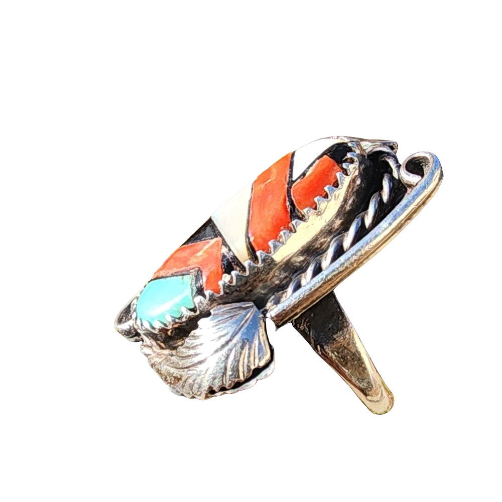 Artist signed JH Native Americans sterling silver Navajo inlaid ring size 6.75