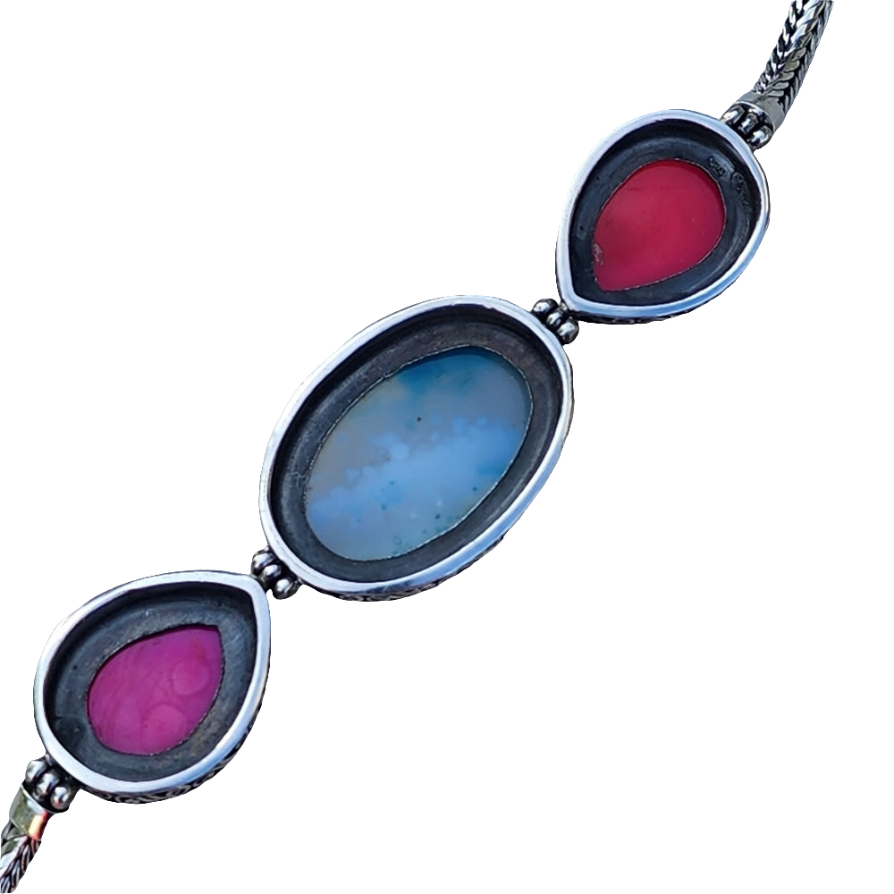 Sterling silver bracelet with pink and blue druzy quartz 7.5 in Long