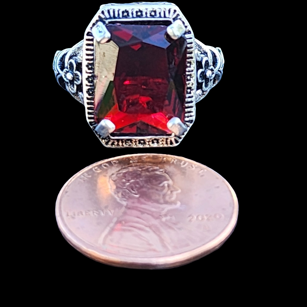 Sterling silver ornate ring with Red Ruby color stone size 5.5 Fine Jewelry