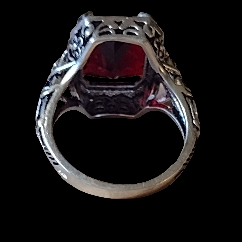 Sterling silver ornate ring with Red Ruby color stone size 5.5 Fine Jewelry