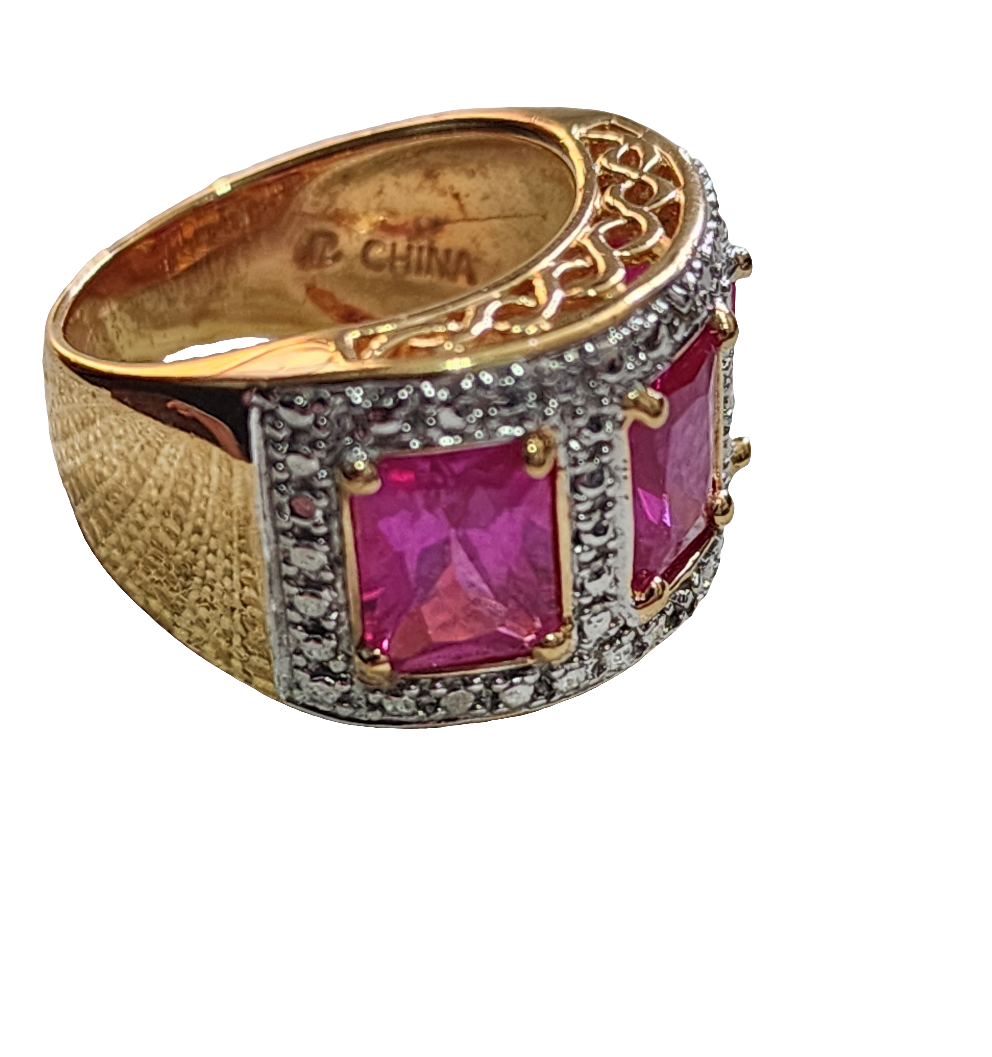 Ross Simons 14k gold vermeil over Sterling Silver 3 pink stones ring size 6