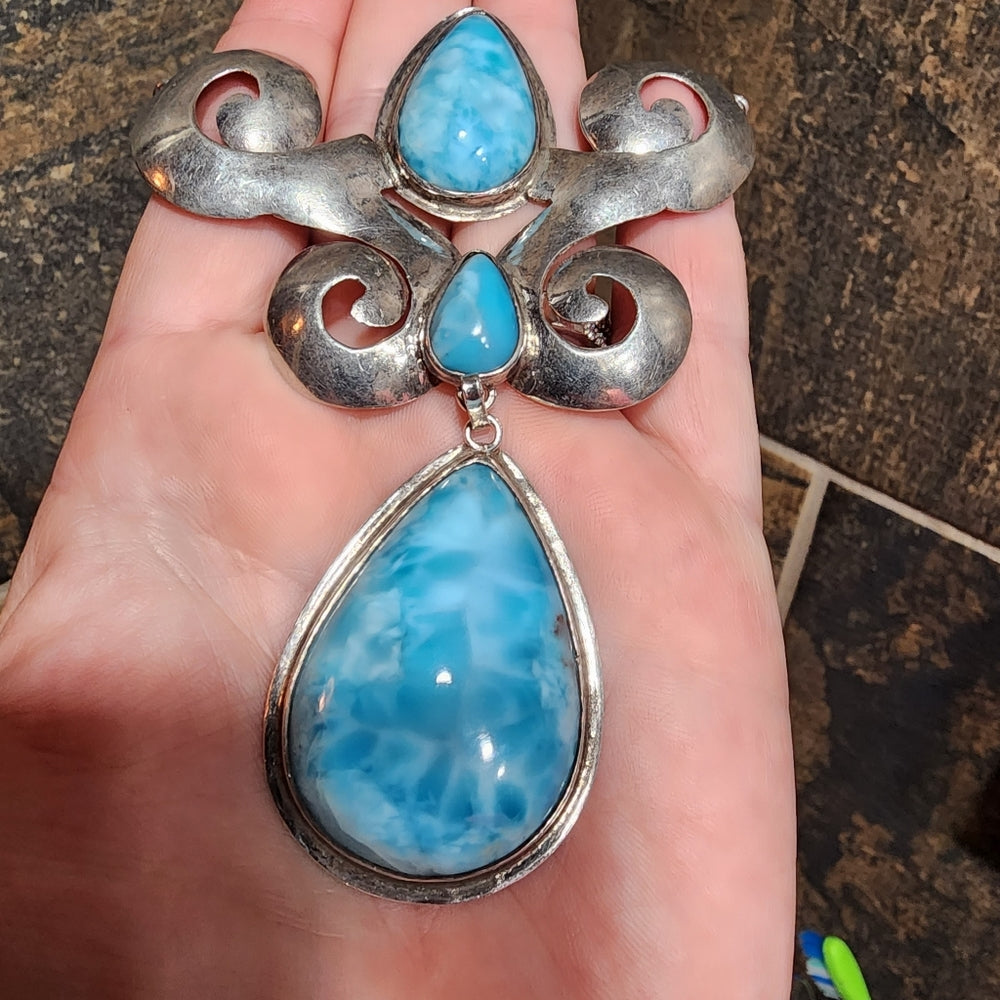 One of a Kind handmade sterling silver large Larimar necklace