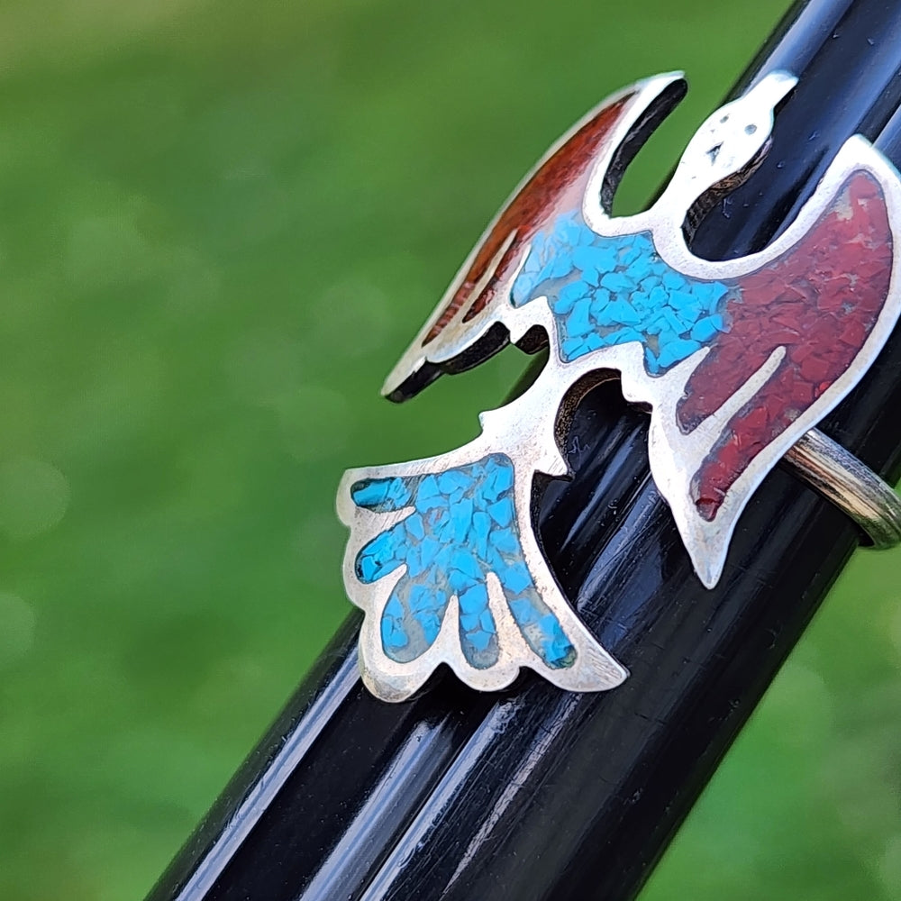 Sterling silver Native American Eagle ring silver and coral size 4.5
