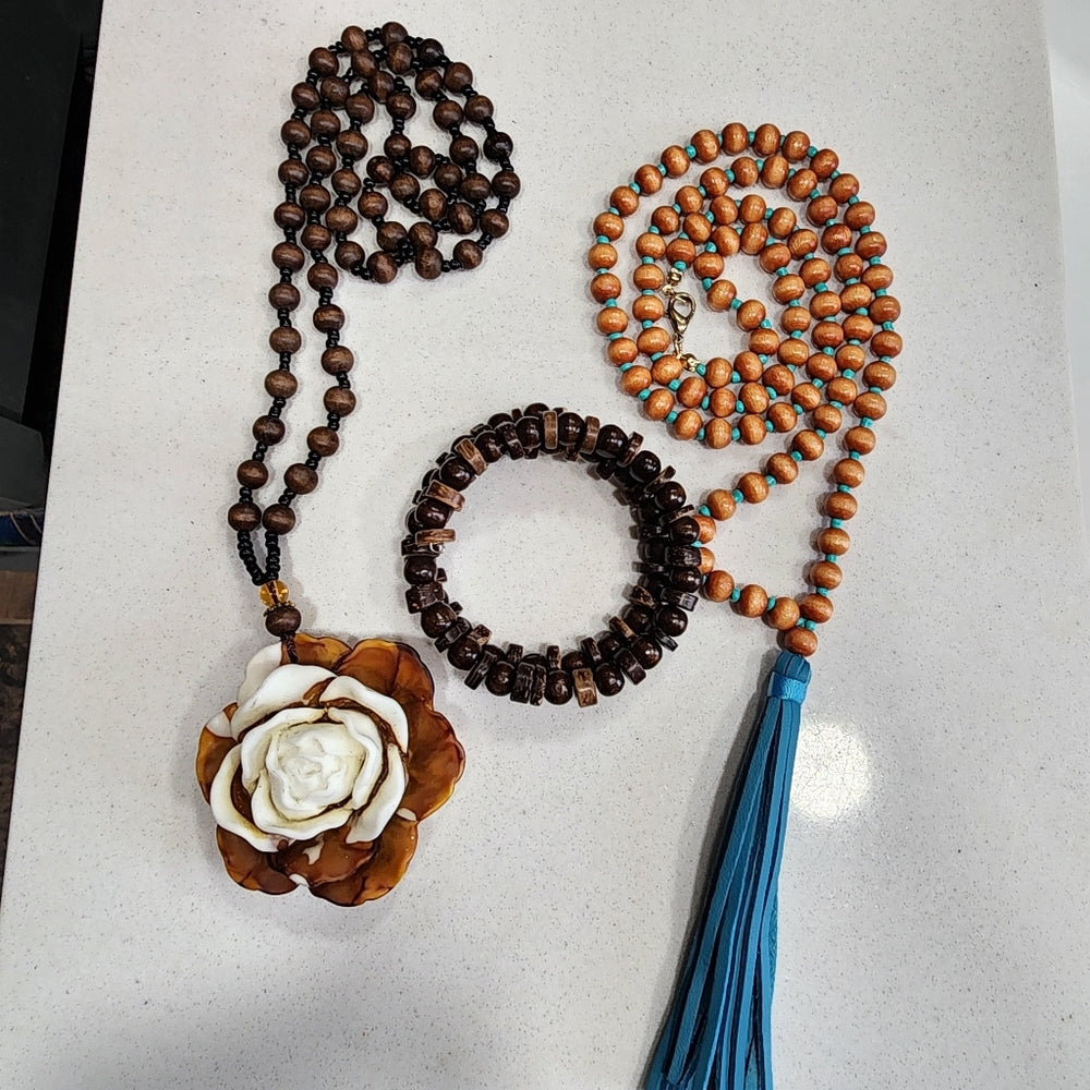 Costume fashion jewelry organic lot wooden necklaces bracelet tassel flower
