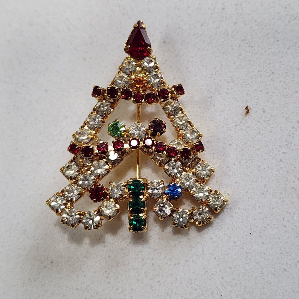 Two Christmas brooches Christmas tree with rhinestones and candlestick