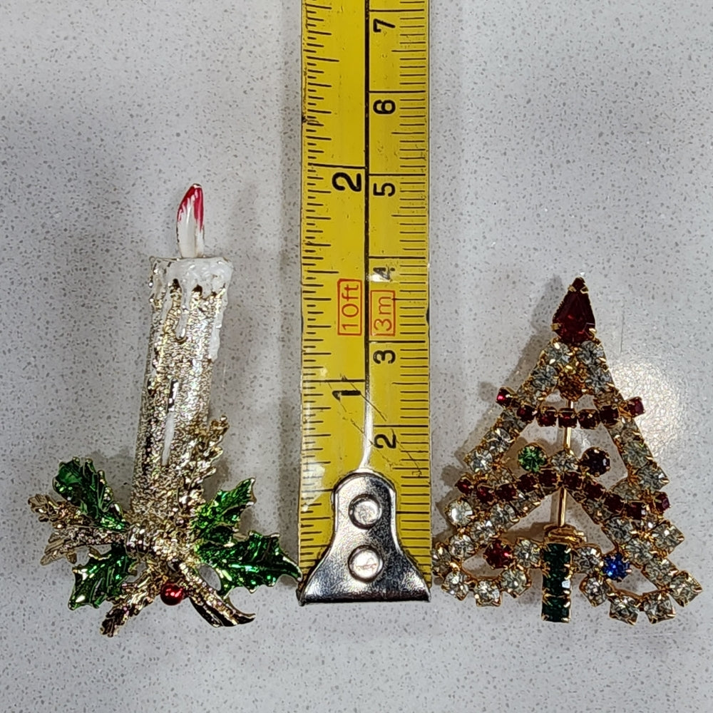 Two Christmas brooches Christmas tree with rhinestones and candlestick