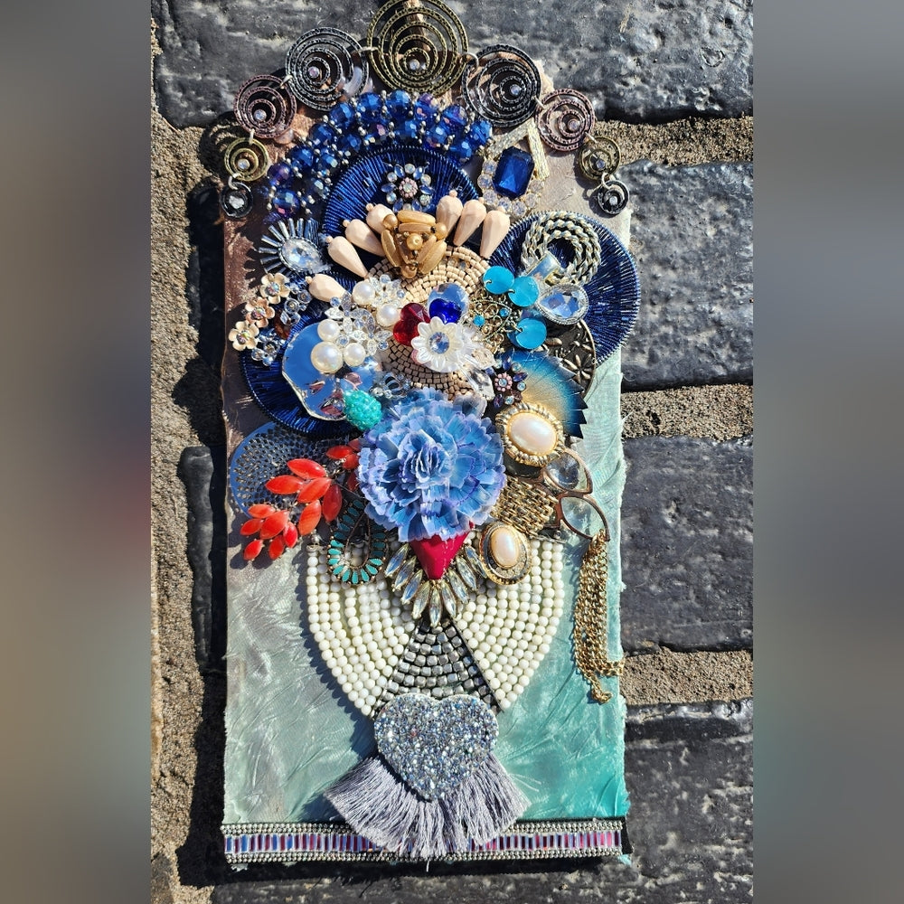 Handcrafted framed jewelry art floral flower handmade rhinestones mixed media