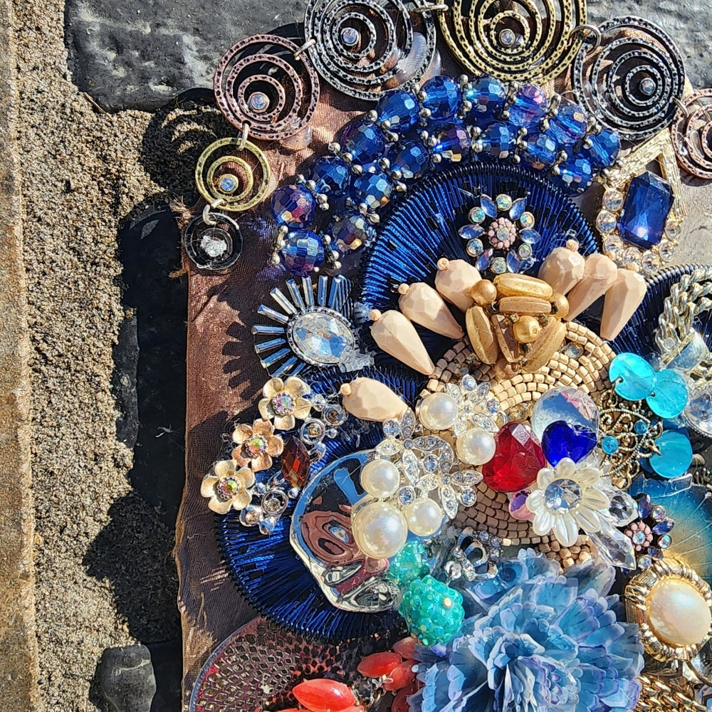 Handcrafted framed jewelry art floral flower handmade rhinestones mixed media