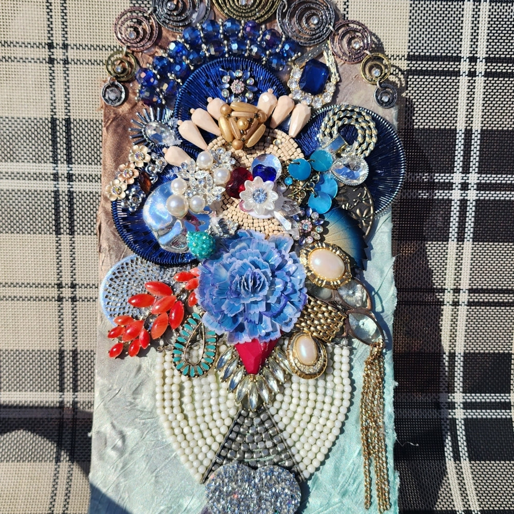 Handcrafted framed jewelry art floral flower handmade rhinestones mixed media