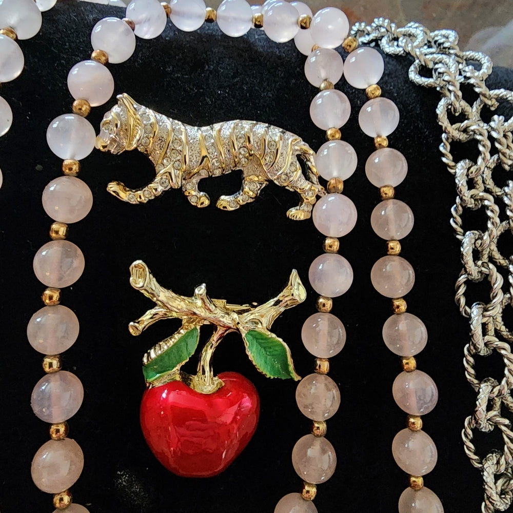 Lot of fashion costume jewelry necklaces brooches earrings tiger apple