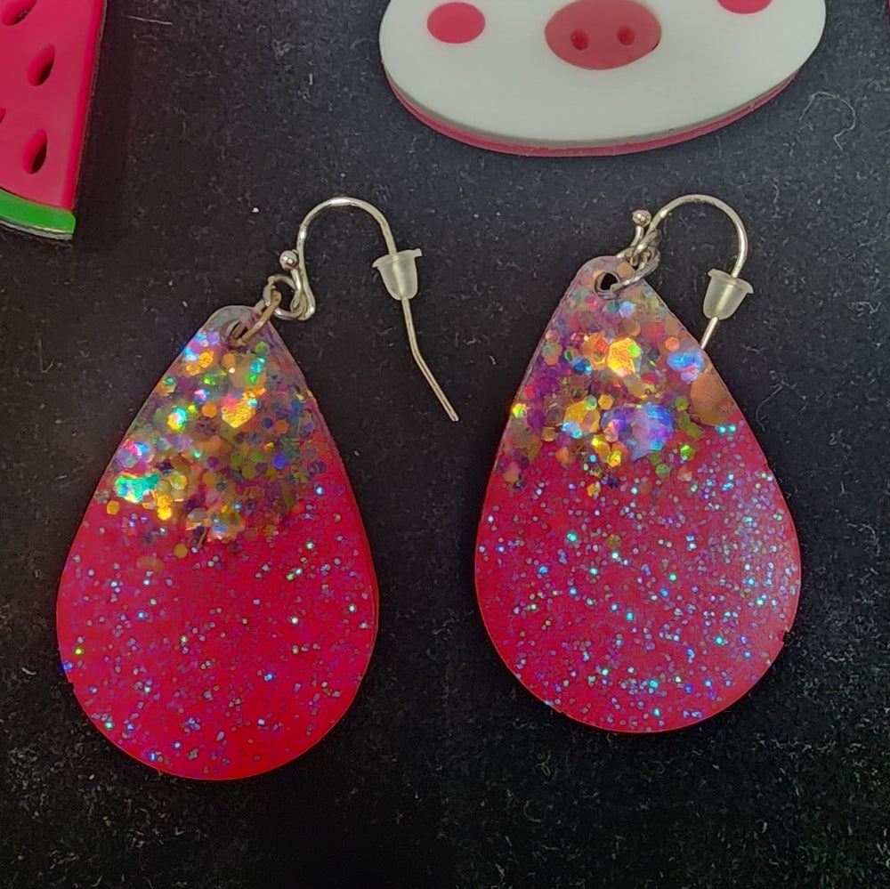 Fun summer jewelry lot of 3 earrings, pink tones, watermelon pigs.Sparkly chunky