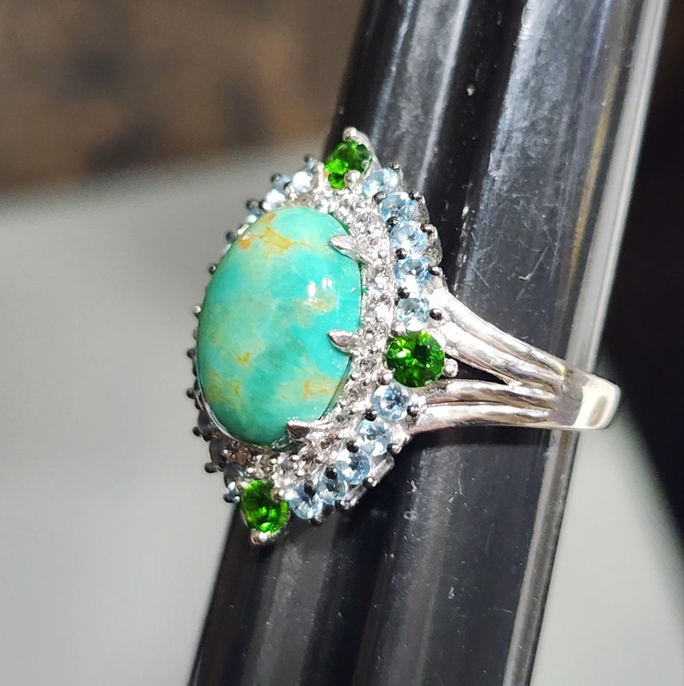 Sterling silver ring with turquoise diamonds blue & green stones size 10