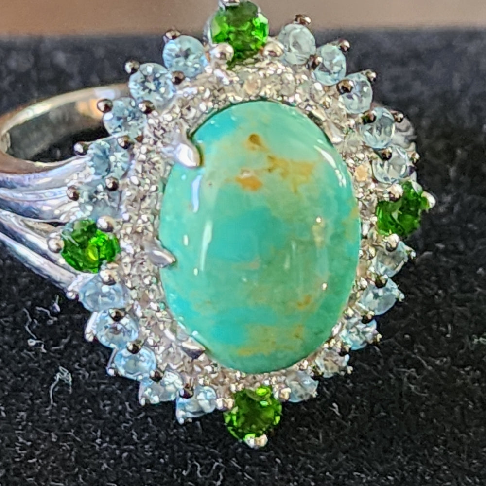 Sterling silver ring with turquoise diamonds blue & green stones size 10
