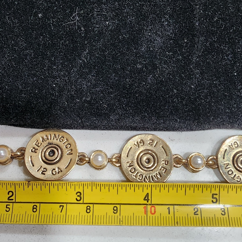 Remington 12 gauge shotgun shot gun shell bracelet faux pearls designer LJ gold