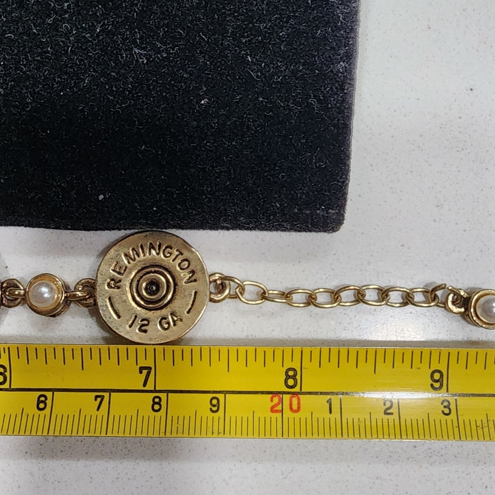 Remington 12 gauge shotgun shot gun shell bracelet faux pearls designer LJ gold