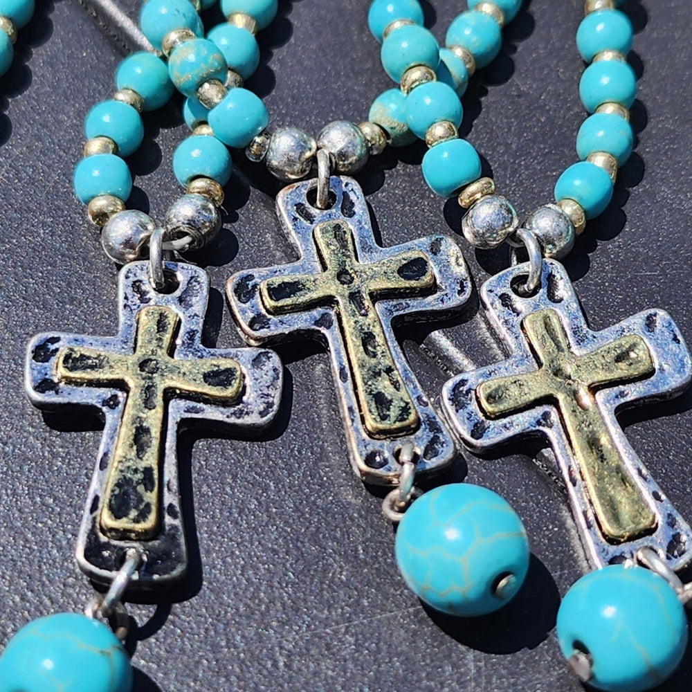 Bundle lot fashion costume jewelry 5 necklaces w cross pendant turquoise color