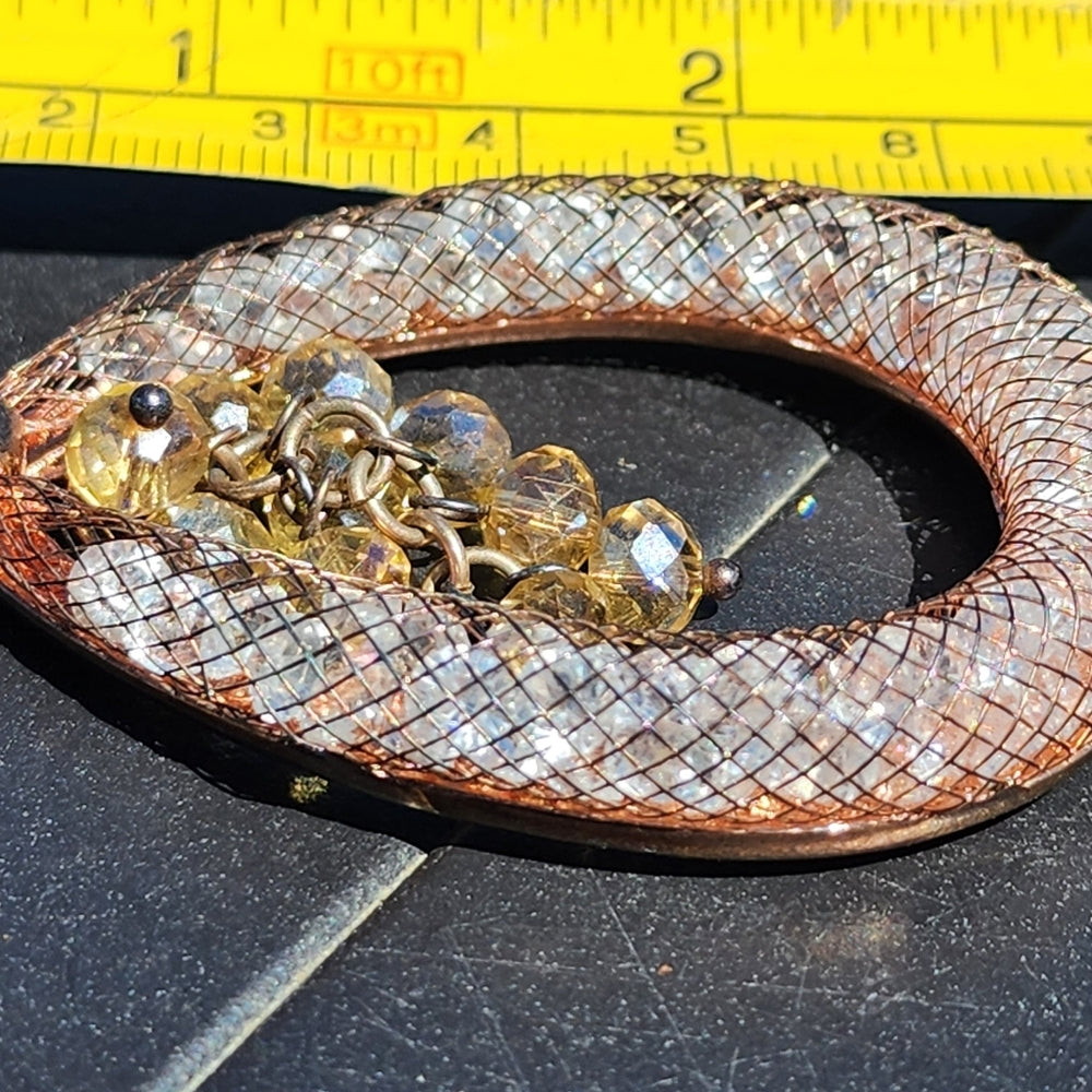 Designer signed MFC Bronze 18kt pear shaped dangle earrings rhinestones mesh