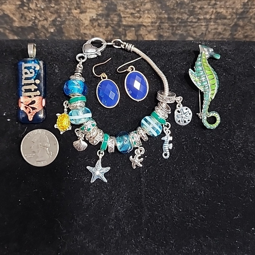 SALE Spring into summer jewelry lot faith pendant charm bracelet seahorse pin…
