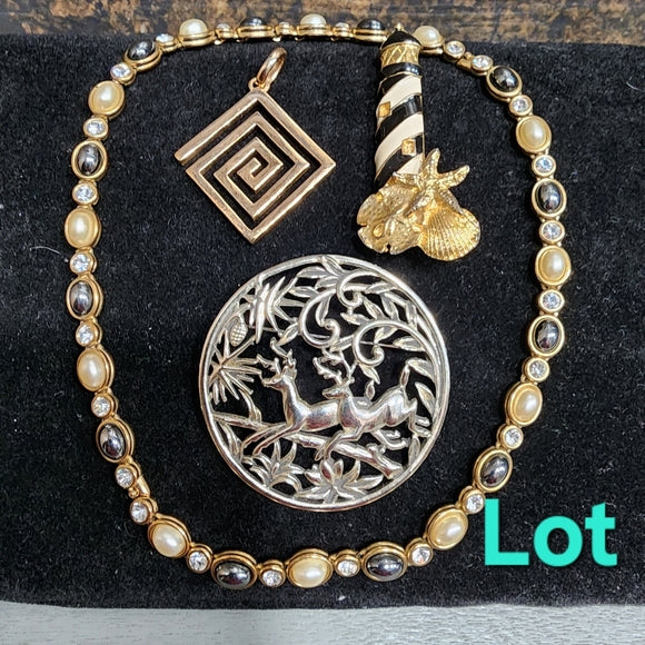 Lot of fashion costume jewelry lighthouse deer brooch Greek key pendant necklace