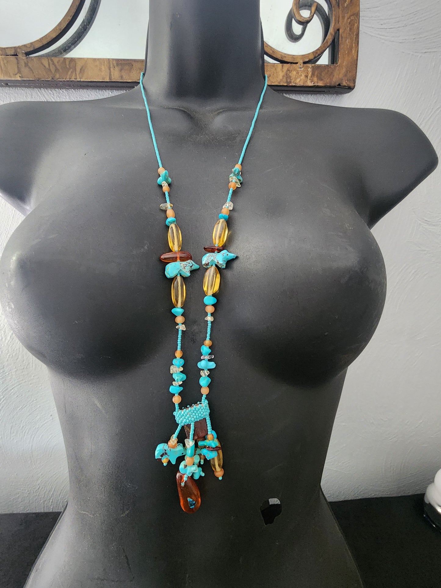 Handmade native american seed bead turquoise fetish Necklace